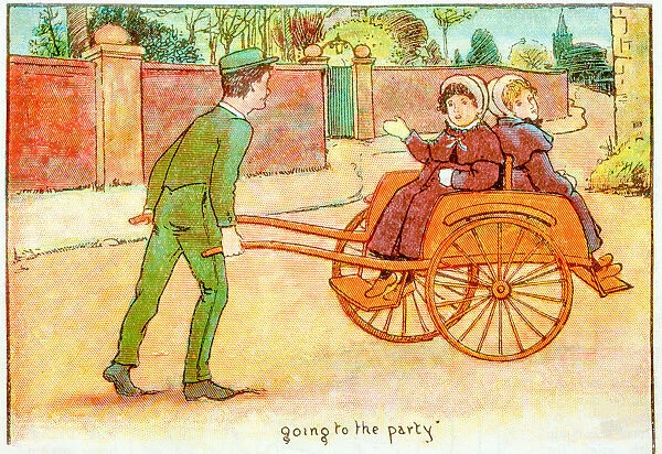 Antique children book illustrations: Girls on cart