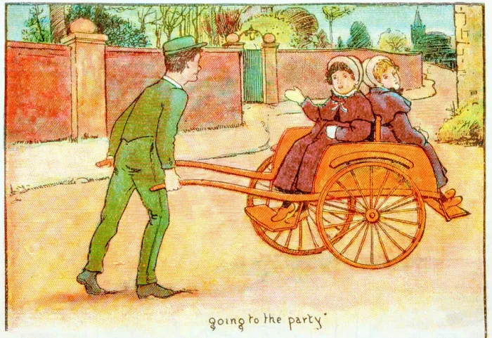 Framed Print : Antique children book illustrations: Girls on cart Framed Print : Antique children book illustrations: Girls on cart