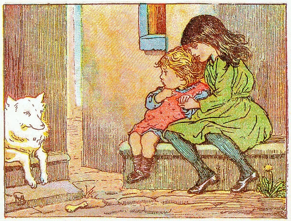 Antique children book illustrations: Girls and dog