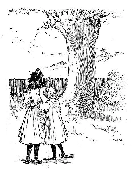 Antique children book illustrations: Girls and tree