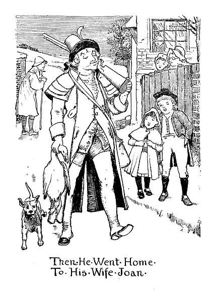 Antique children book illustrations: Hunter with duck
