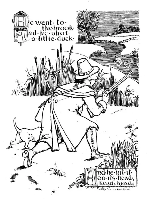 Framed Print : Antique children book illustrations: Man hunting duck Framed Print : Antique children book illustrations: Man hunting duck