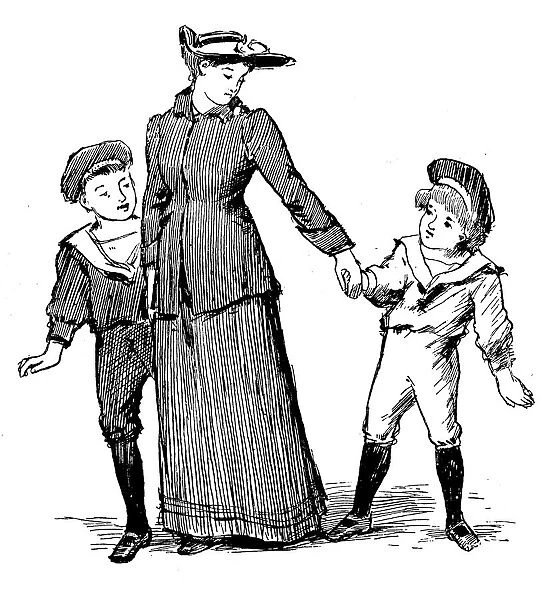 Antique children book illustrations: Mother and sons
