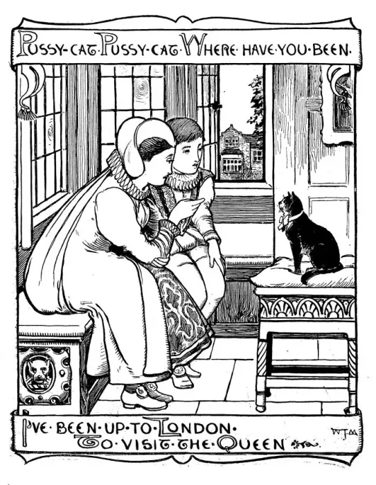 Framed Print : Antique children book illustrations: People and cat Framed Print : Antique children book illustrations: People and cat