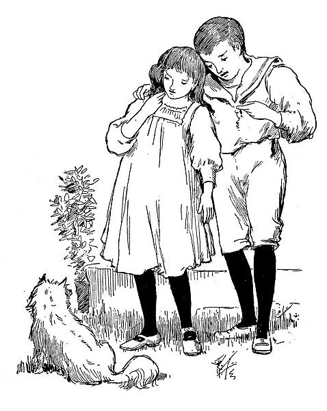 Antique children book illustrations: People and cat