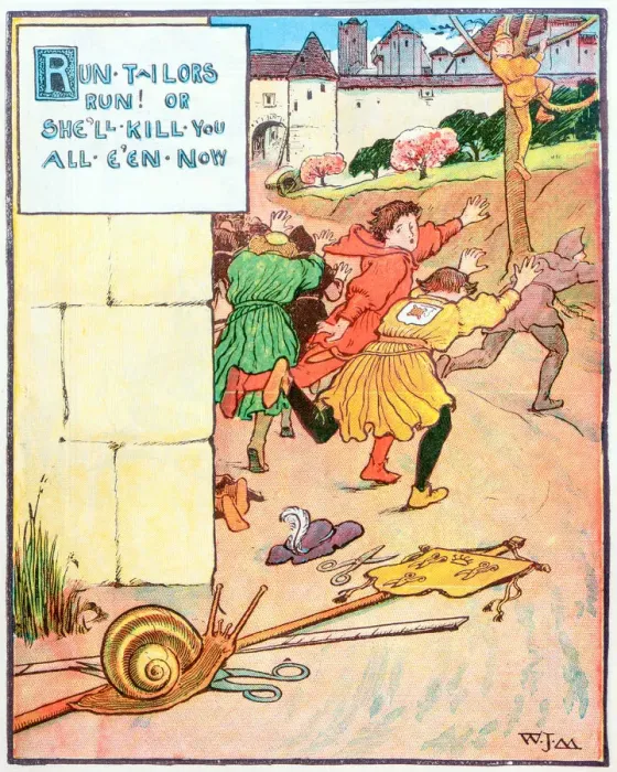 Framed Print : Antique children book illustrations: Tailors and snail Framed Print : Antique children book illustrations: Tailors and snail