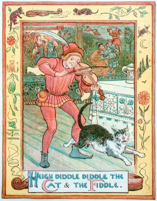 Framed Print : Antique children book illustrations: Violin player and cat