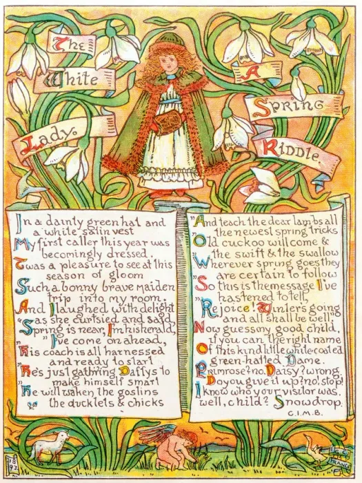 Framed Print : Antique children book illustrations: The white lady, a spring riddle Framed Print : Antique children book illustrations: The white lady, a spring riddle