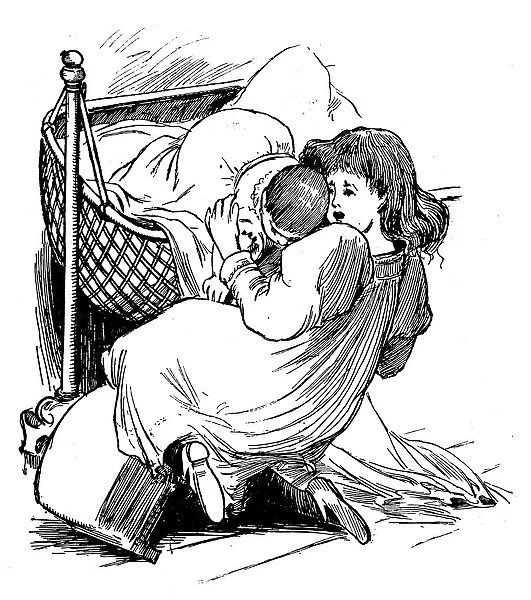 Antique children book illustrations: Woman and baby