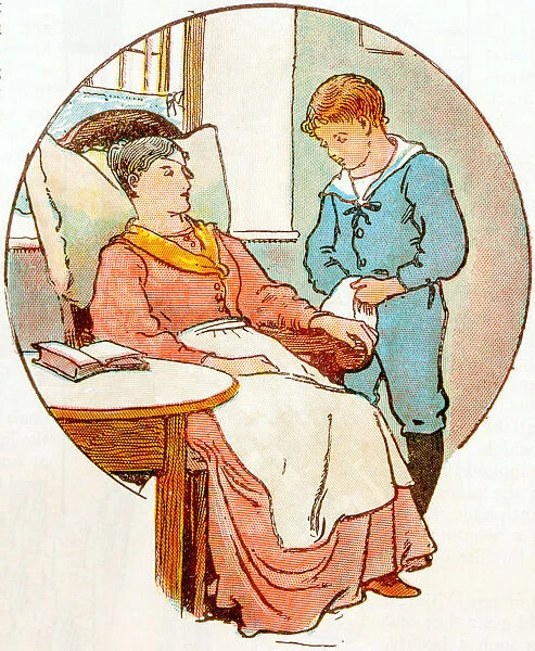 Antique children book illustrations: Woman and boy
