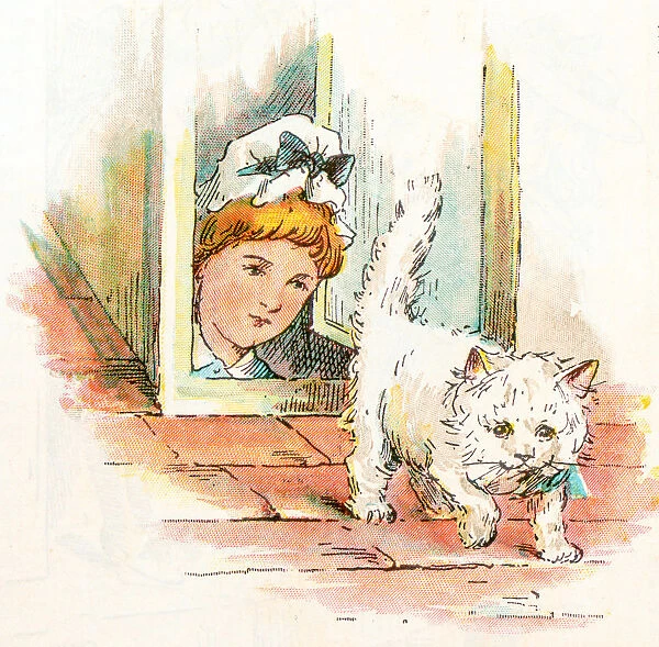 Antique children book illustrations: Woman and cat