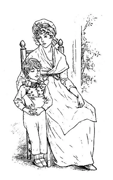 Antique children spelling book illustrations: Mother and son