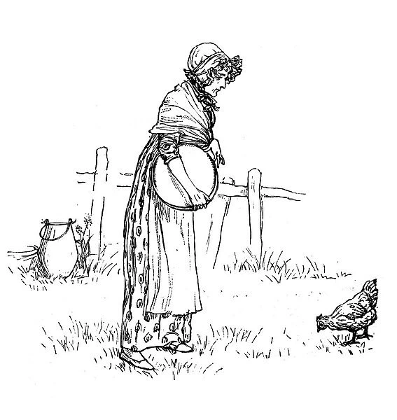 Antique children spelling book illustrations: Woman with chicken