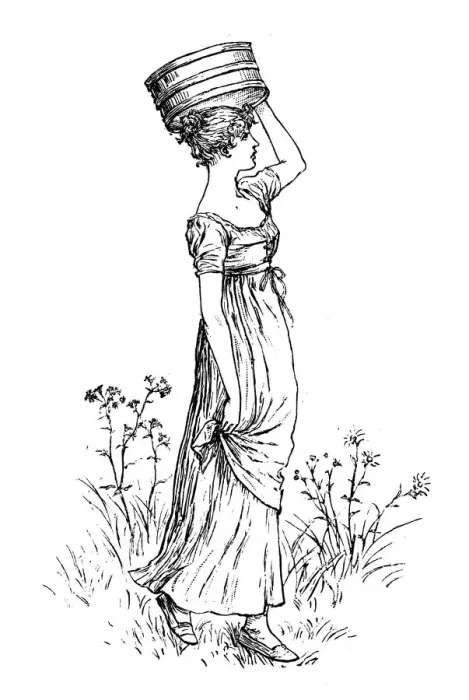 Framed Print : Antique children spelling book illustrations: Woman carrying