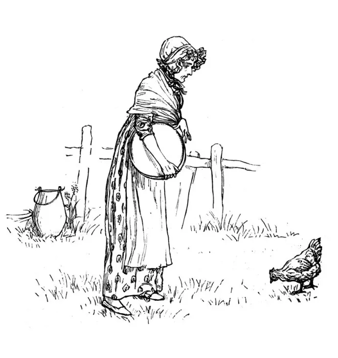 Framed Print : Antique children spelling book illustrations: Woman with chicken