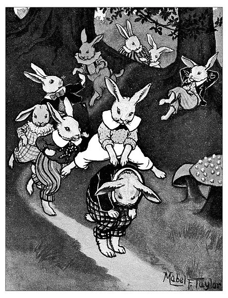 Antique childrens book comic illustration: rabbits playing