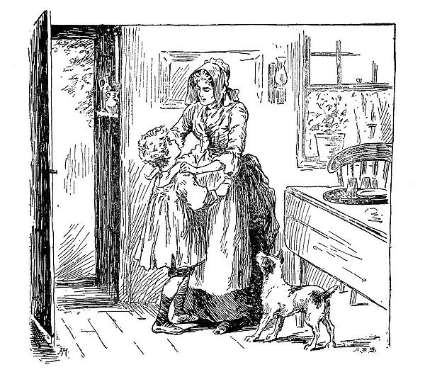 Antique childrens book comic illustration: mother and son indoor