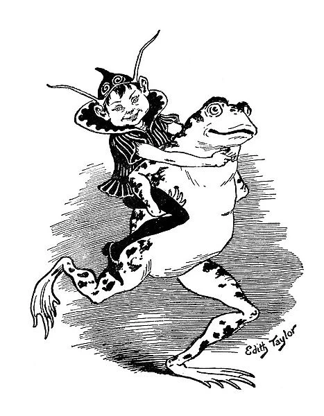 Antique childrens book comic illustration: elf and frog