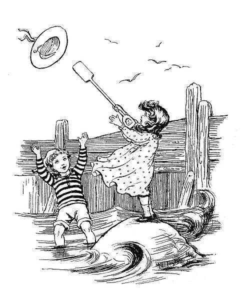 Antique childrens book comic illustration: children on boat