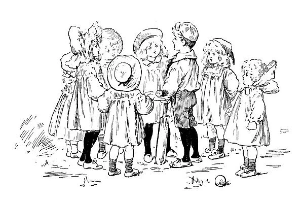 Antique childrens book comic illustration: children cricket match