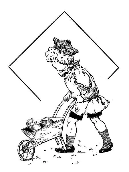 Antique childrens book comic illustration: boy with wheelbarrow