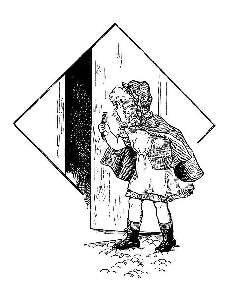 Antique childrens book comic illustration: little girl opening door