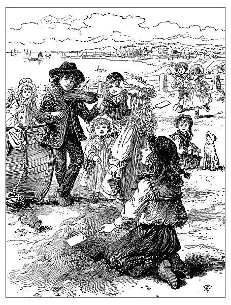 Antique childrens book comic illustration: people on the beach