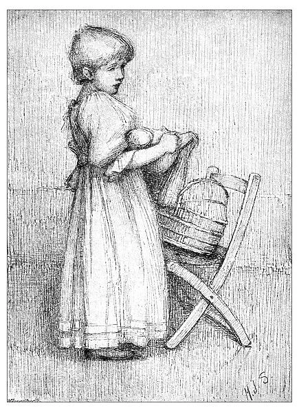 Antique childrens book comic illustration: little girl with doll
