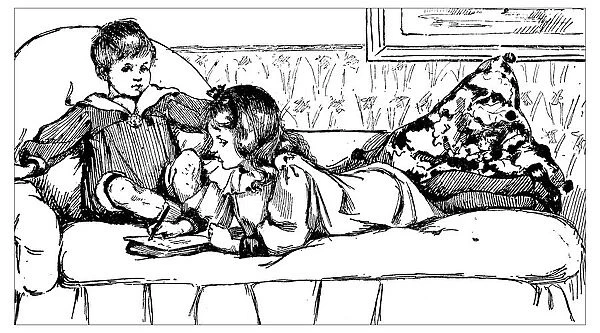 Antique childrens book comic illustration: children on couch
