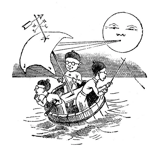 Antique childrens book comic illustration: Three men in barrell