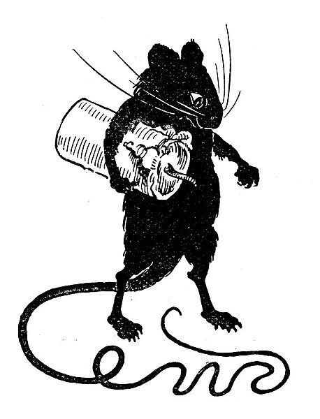 Antique childrens book comic illustration: rat stealing candle