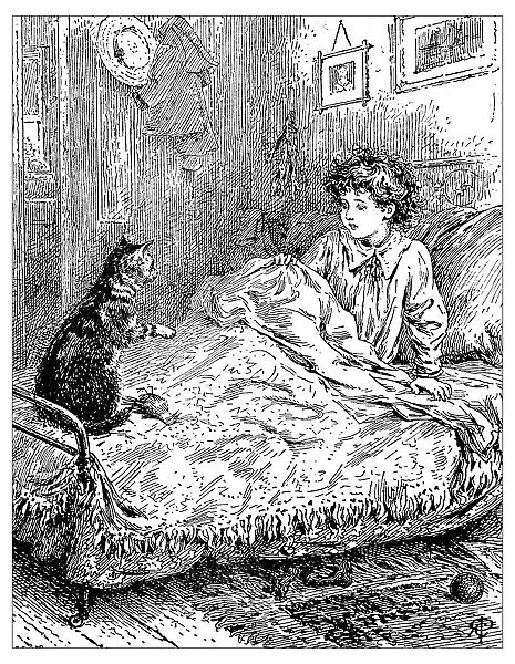 Antique childrens book comic illustration: cat on childs bed