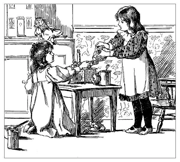 Antique childrens book comic illustration: little girls playing