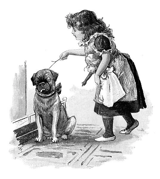 Antique childrens book comic illustration: little girl with dog