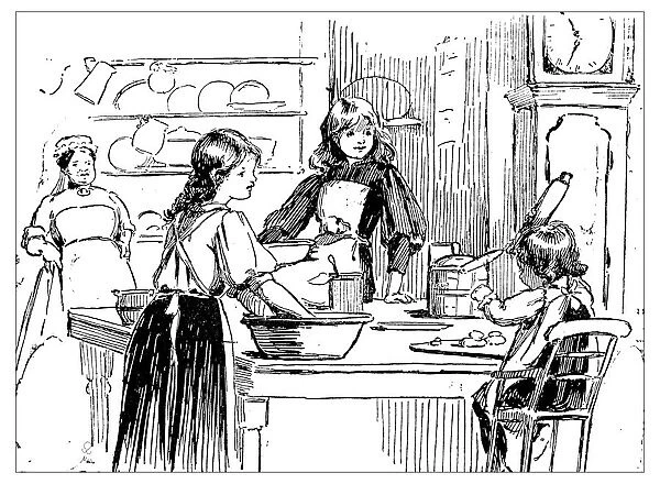 Antique childrens book comic illustration: women in the kitchen