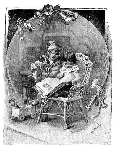 Antique childrens book comic illustration: children with book and dog