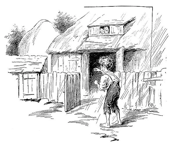 Antique childrens book comic illustration: poor boy outdoor