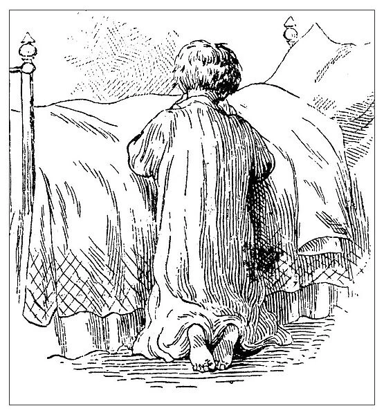 Antique childrens book comic illustration: child praying in bed