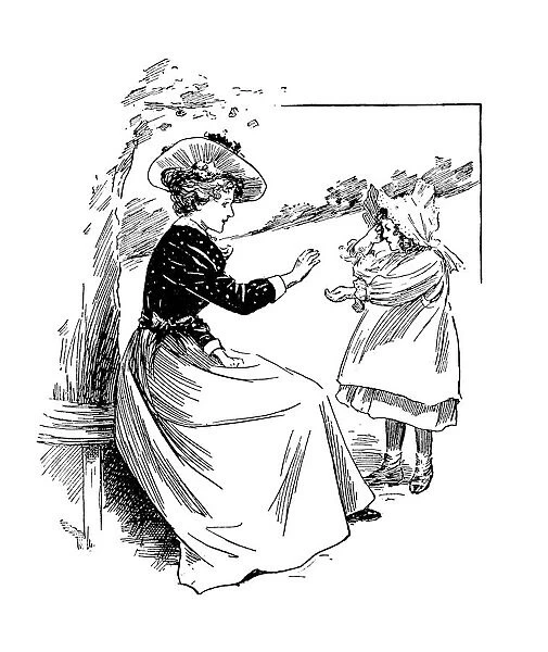 Antique childrens book comic illustration: mother and daughter