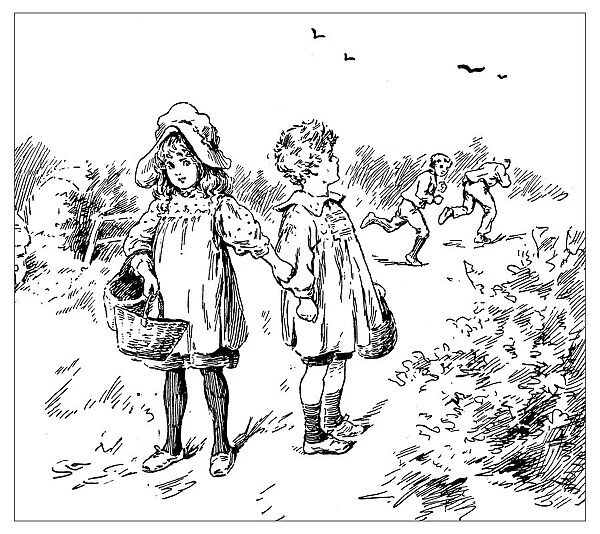Antique childrens book comic illustration: children outdoor