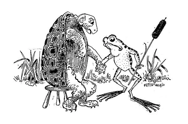 Antique childrens book comic illustration: turtle and frog