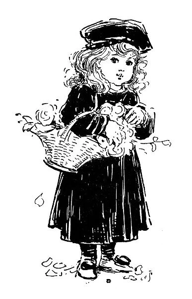 Antique childrens book comic illustration: little girl with flowers