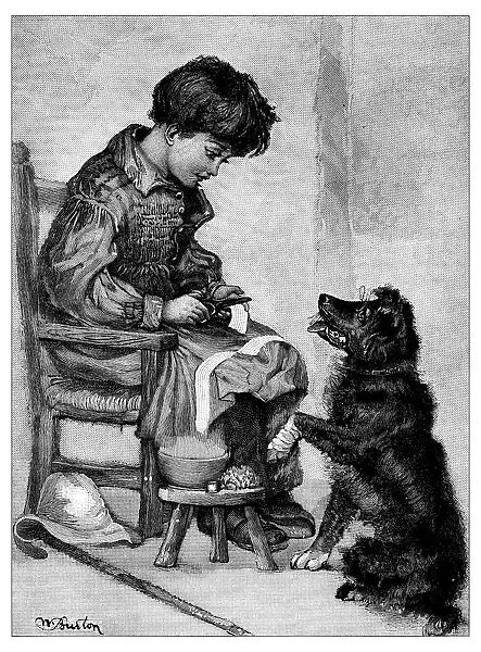 Antique childrens book comic illustration: child and dog