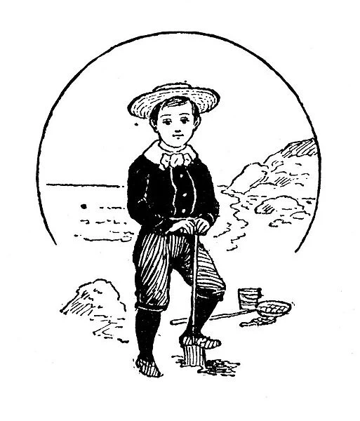 Antique childrens book comic illustration: boy playing on the beach