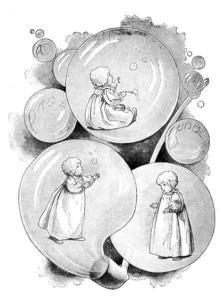 Antique childrens book comic illustration: child inside soap bubbles