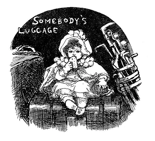 Antique childrens book comic illustration: little girl on luggage