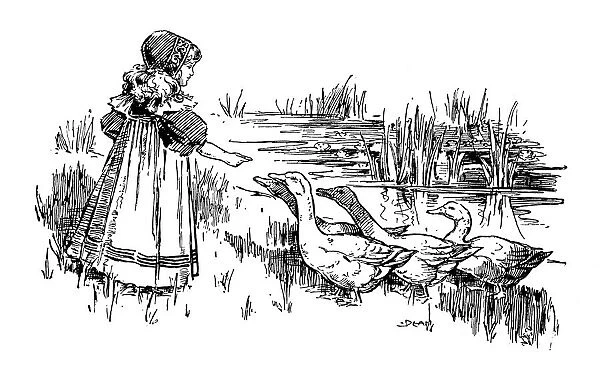 Antique childrens book comic illustration: little girl feeding geese