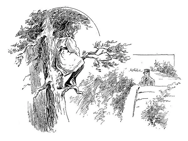 Antique childrens book comic illustration: girl on tree