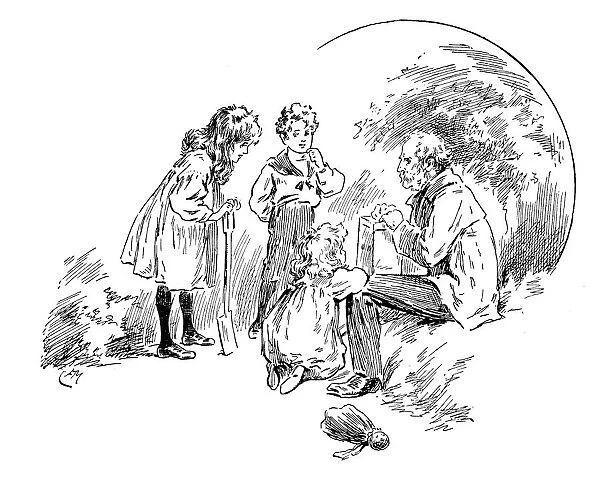 Antique childrens book comic illustration: man with children