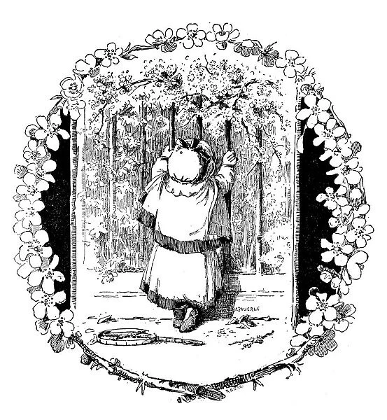 Antique childrens book comic illustration: child looking through gate